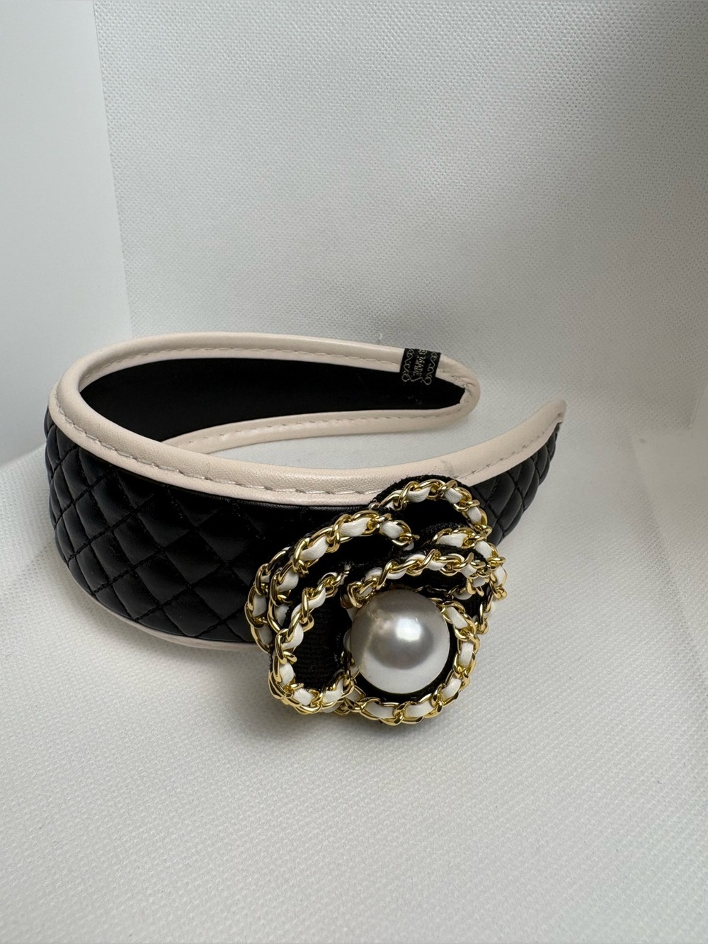 Camellia Black and Ivory Quilted Headband with Gold Chain Pearl
